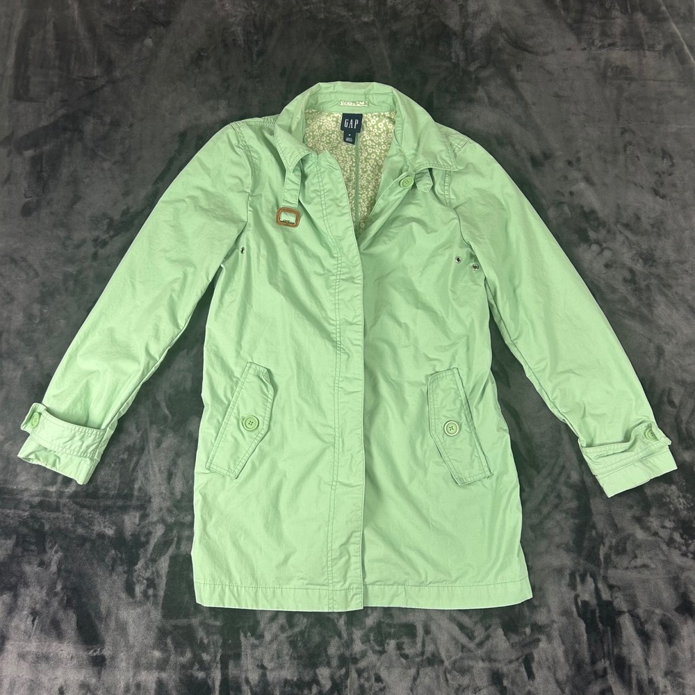 Gap Trench Coat Womens Medium Green Cotton Floral Lined Mid Length Jacket